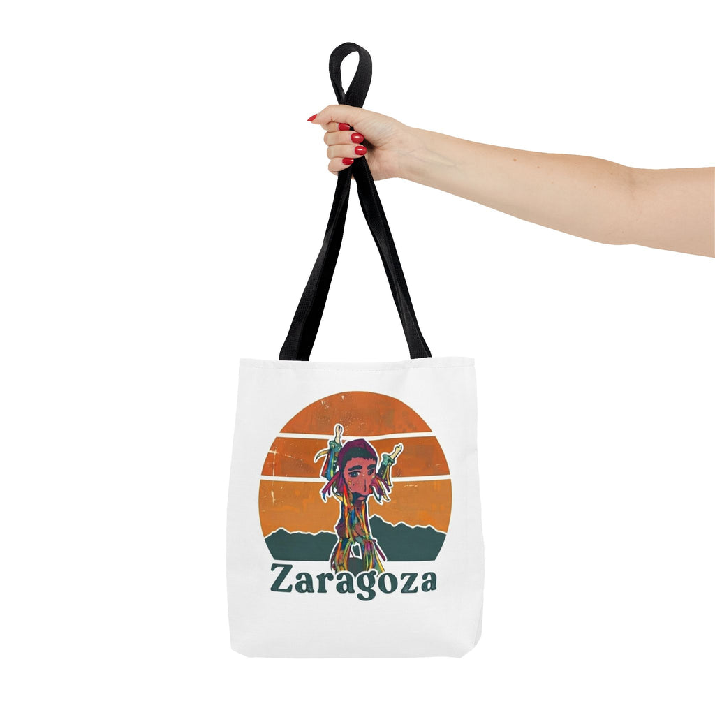 Zaragoza Sunset Art Tote Bag — Vintage Cityscape & Illustrated Figure All-Over Print