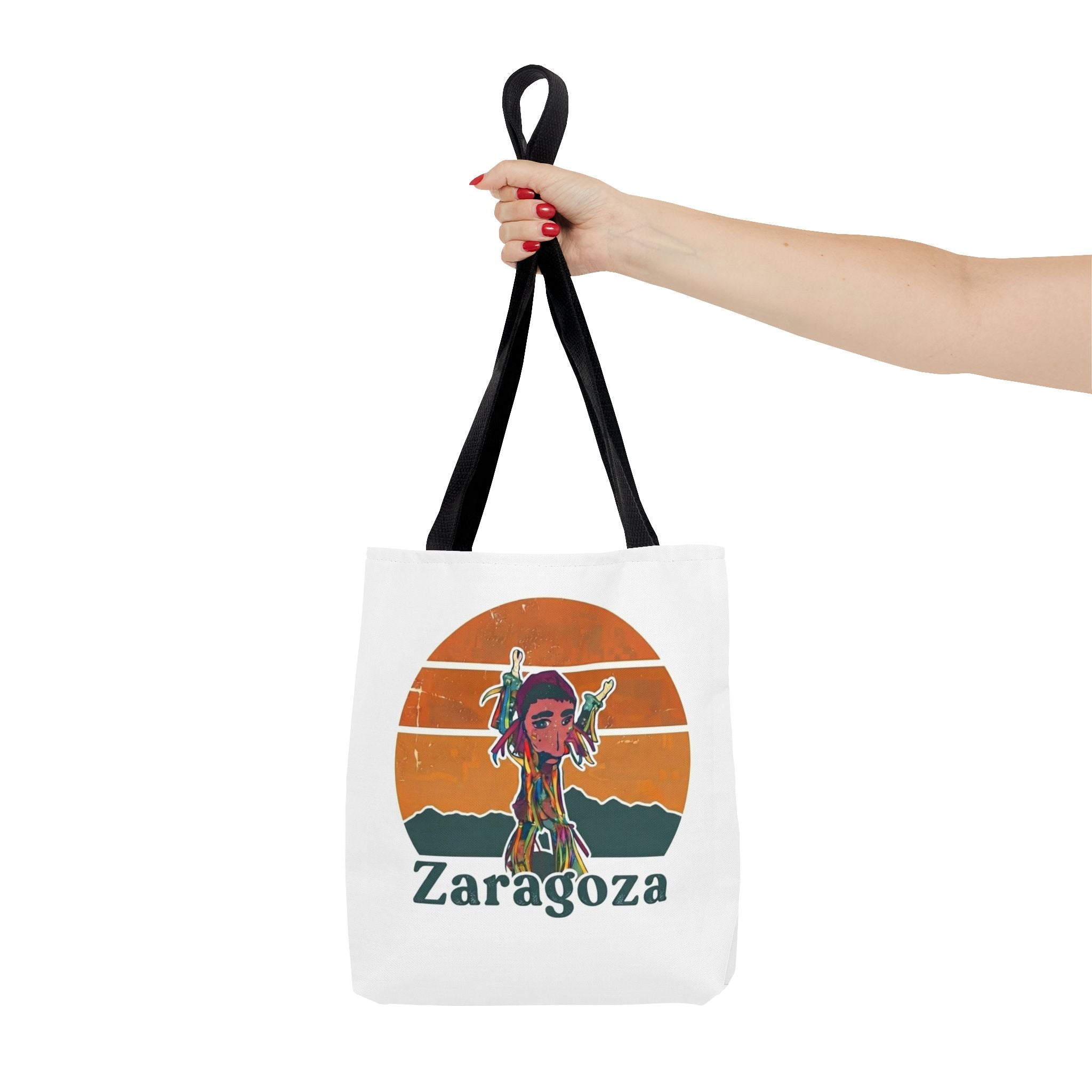 Zaragoza Sunset Art Tote Bag — Vintage Cityscape & Illustrated Figure All-Over Print