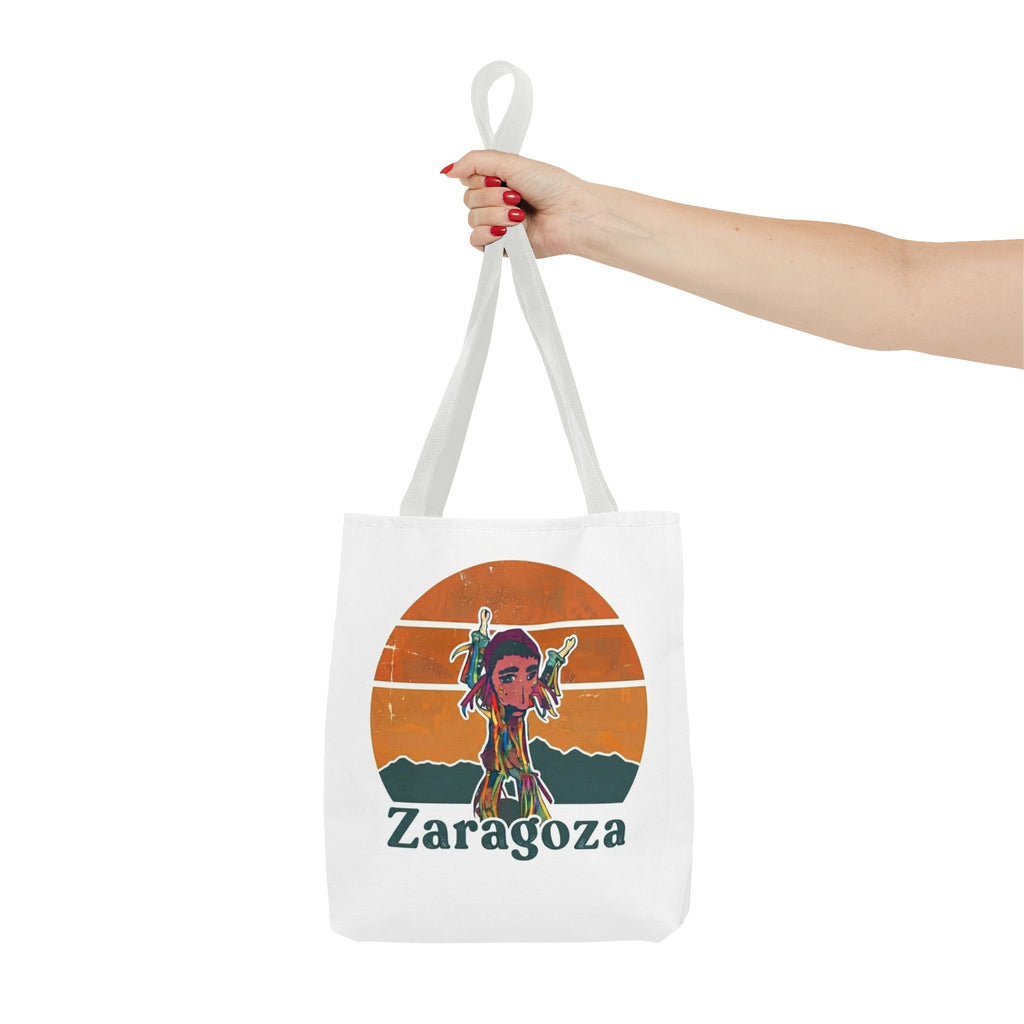 Zaragoza Sunset Art Tote Bag — Vintage Cityscape & Illustrated Figure All-Over Print
