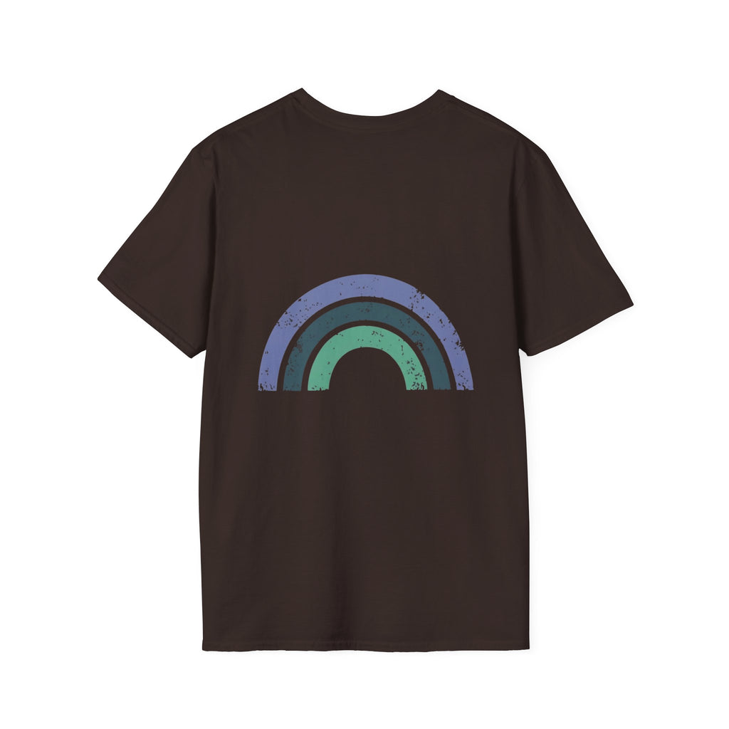 Retro Rainbow Graphic T-Shirt — 'Celebrate' Distressed Arc Design