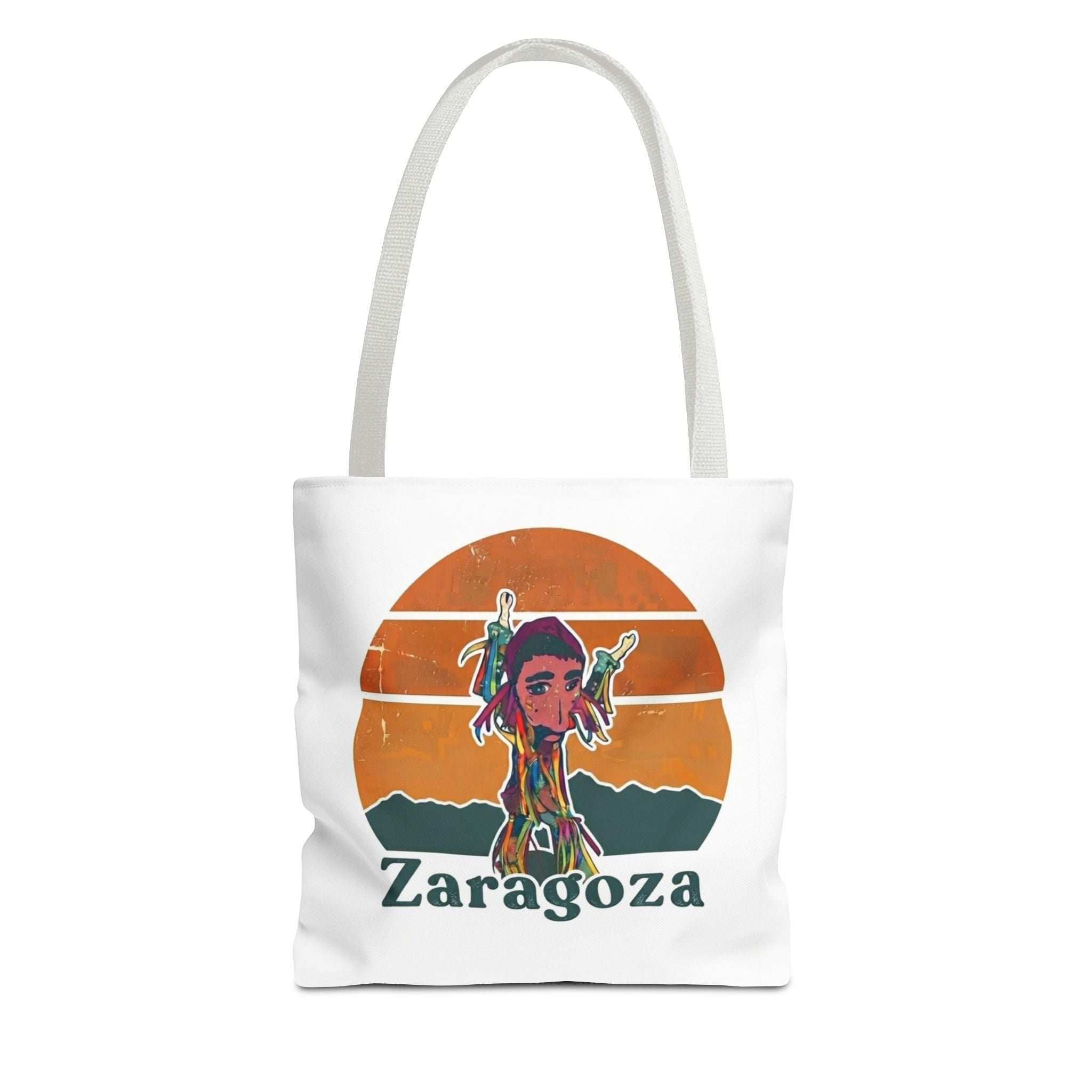 Zaragoza Sunset Art Tote Bag — Vintage Cityscape & Illustrated Figure All-Over Print