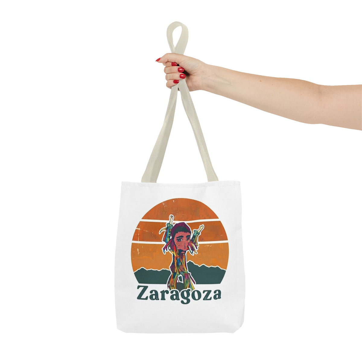 Zaragoza Sunset Art Tote Bag — Vintage Cityscape & Illustrated Figure All-Over Print
