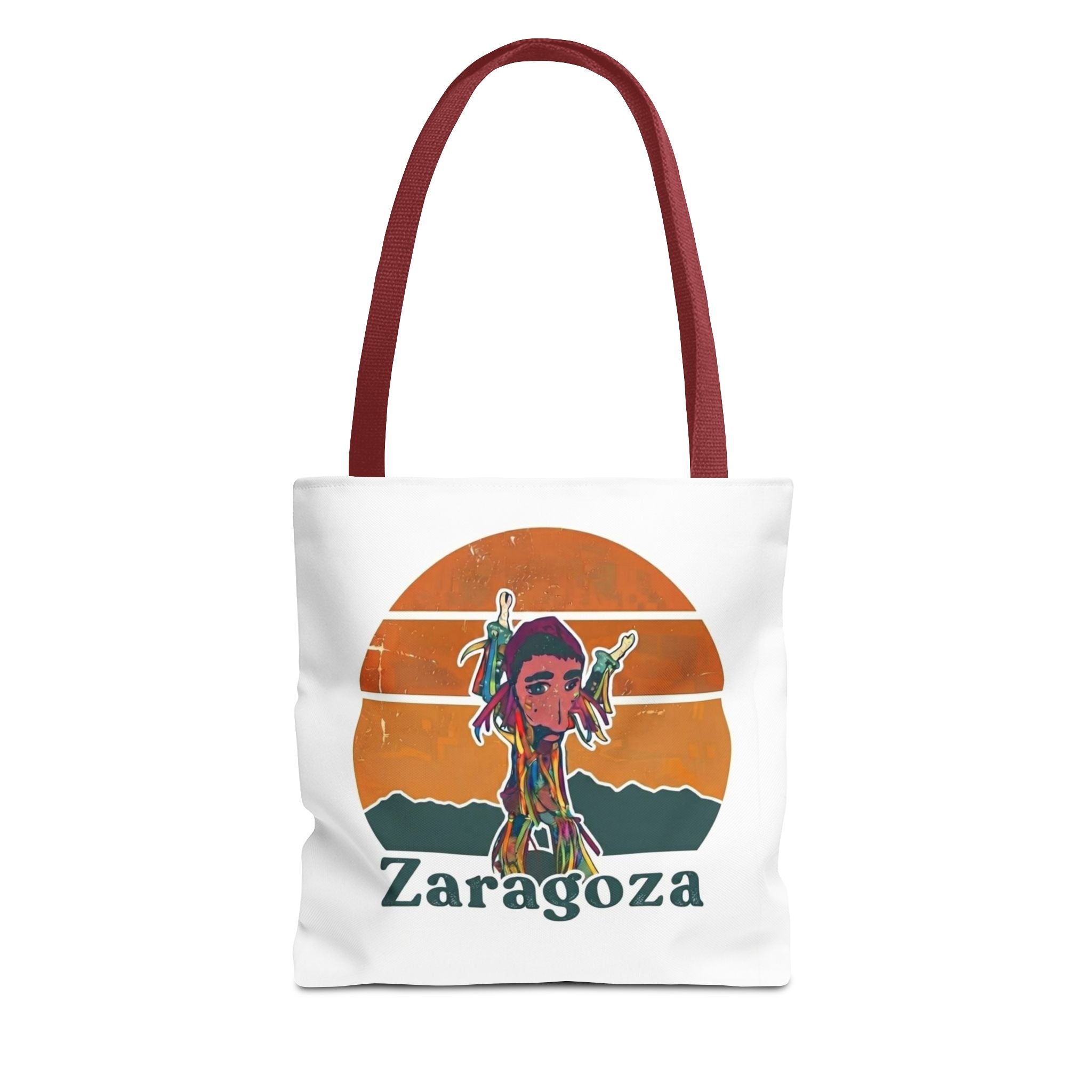 Zaragoza Sunset Art Tote Bag — Vintage Cityscape & Illustrated Figure All-Over Print