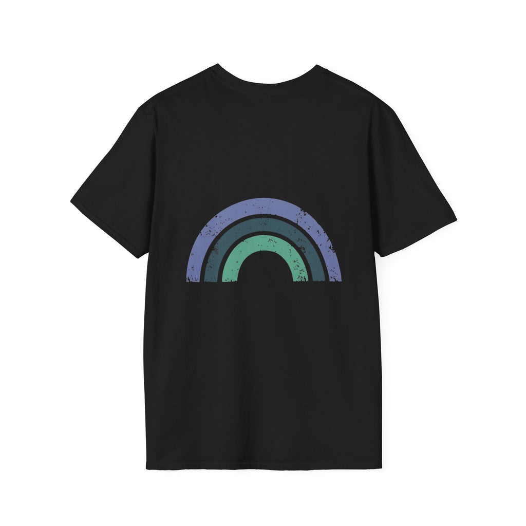 Retro Rainbow Graphic T-Shirt — 'Celebrate' Distressed Arc Design