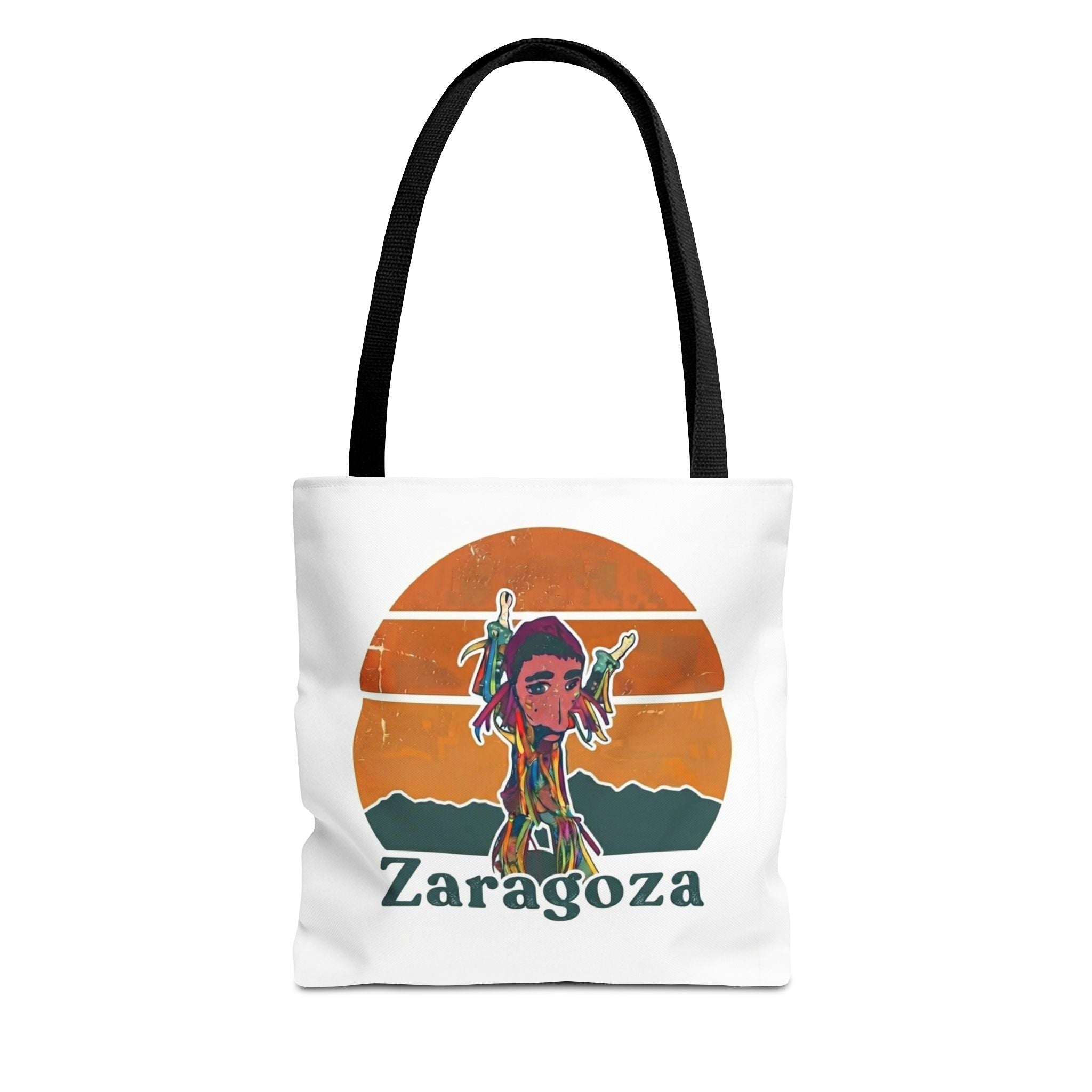 Zaragoza Sunset Art Tote Bag — Vintage Cityscape & Illustrated Figure All-Over Print
