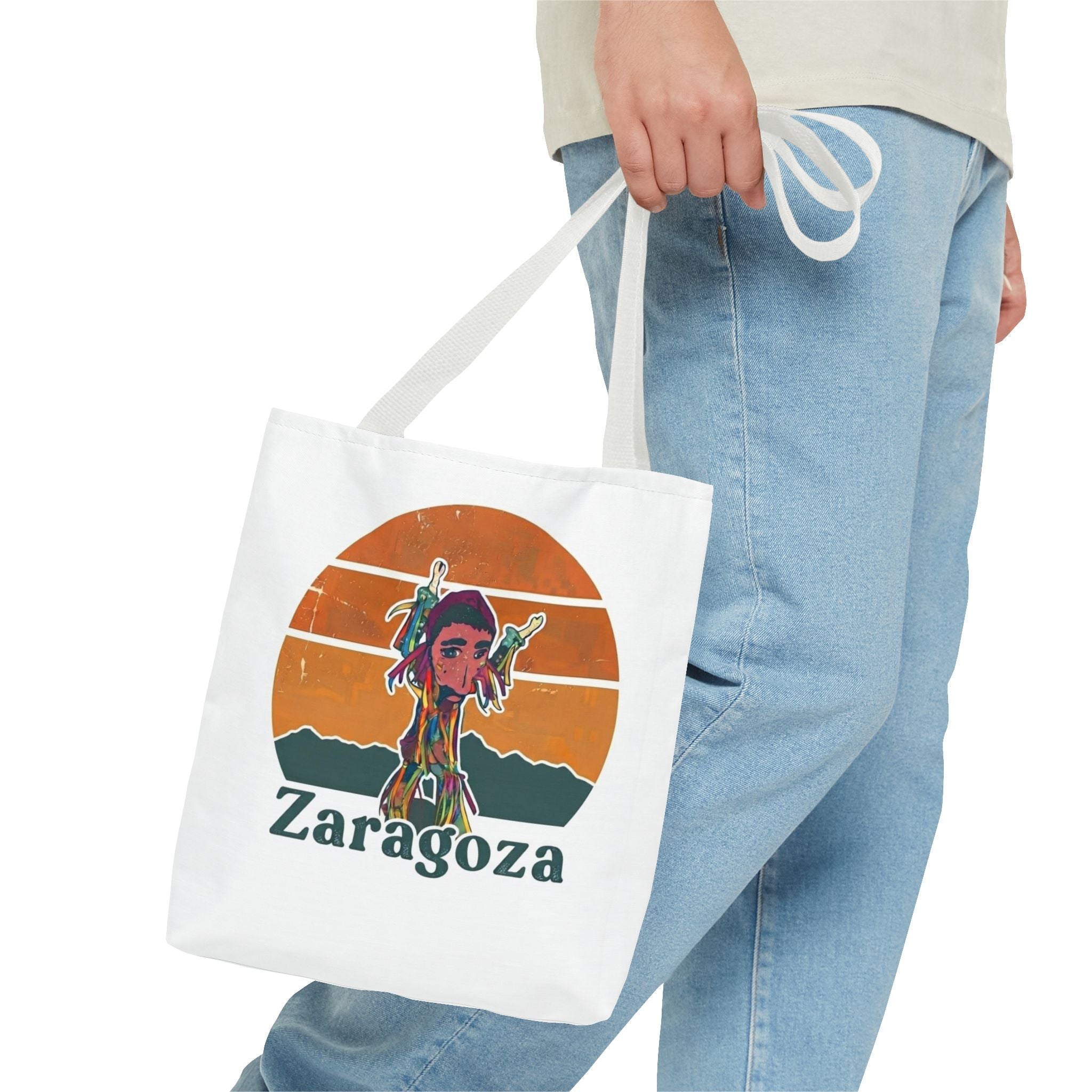 Zaragoza Sunset Art Tote Bag — Vintage Cityscape & Illustrated Figure All-Over Print
