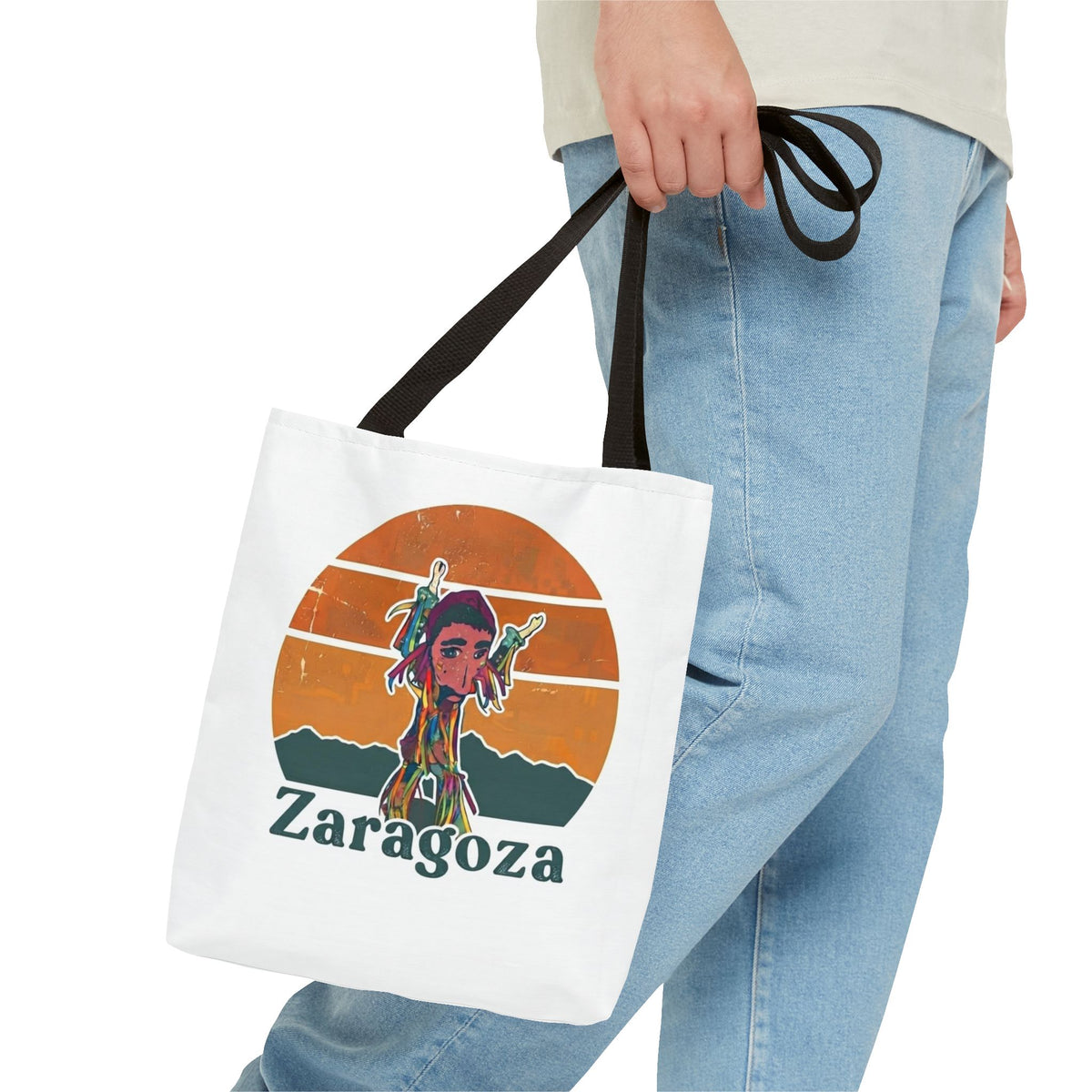 Zaragoza Sunset Art Tote Bag — Vintage Cityscape & Illustrated Figure All-Over Print