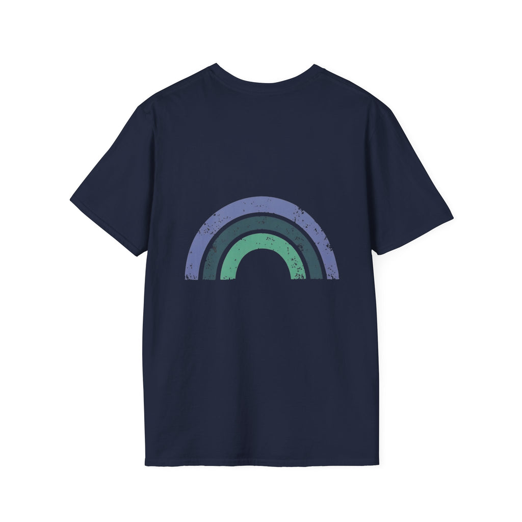 Retro Rainbow Graphic T-Shirt — 'Celebrate' Distressed Arc Design