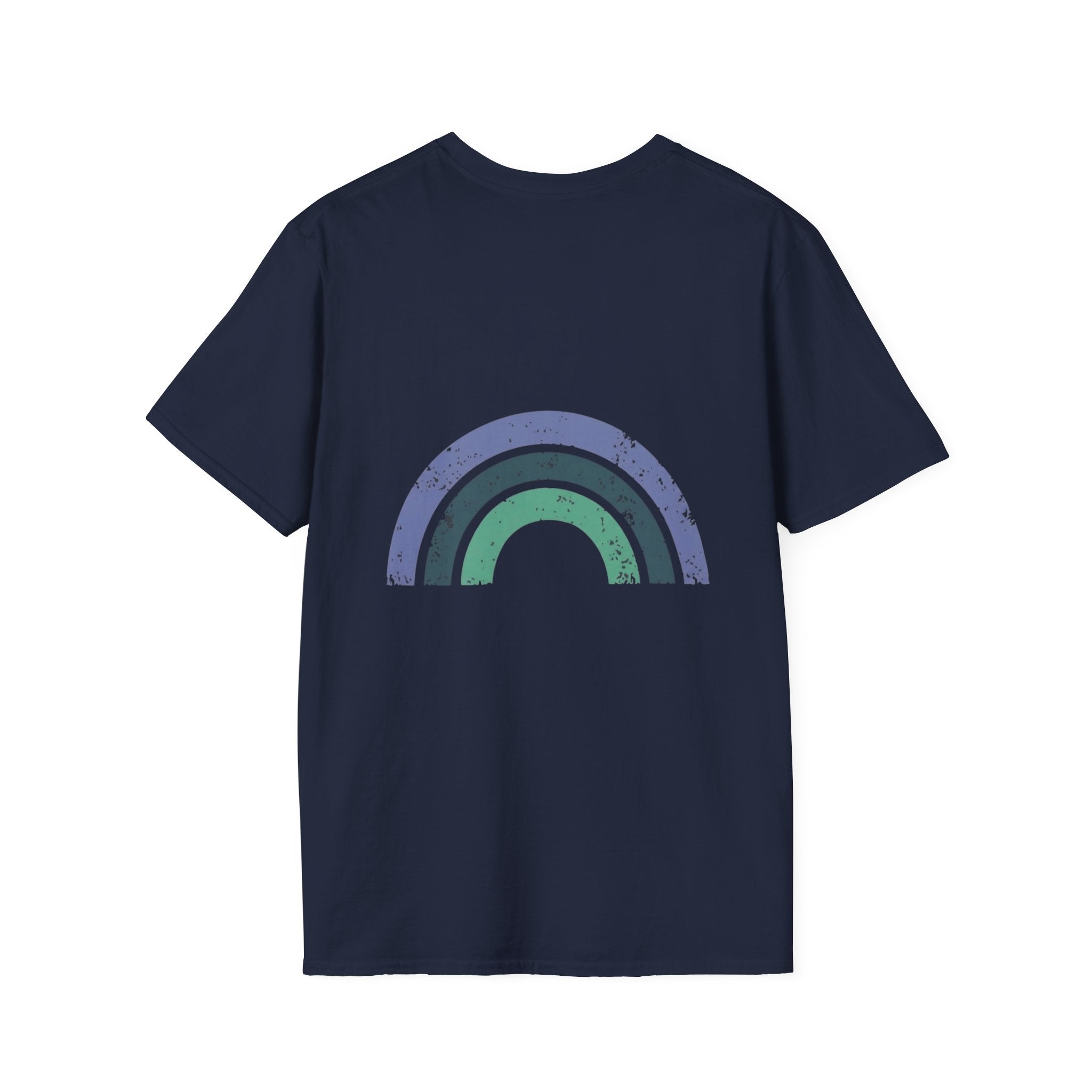 Retro Rainbow Graphic T-Shirt — 'Celebrate' Distressed Arc Design