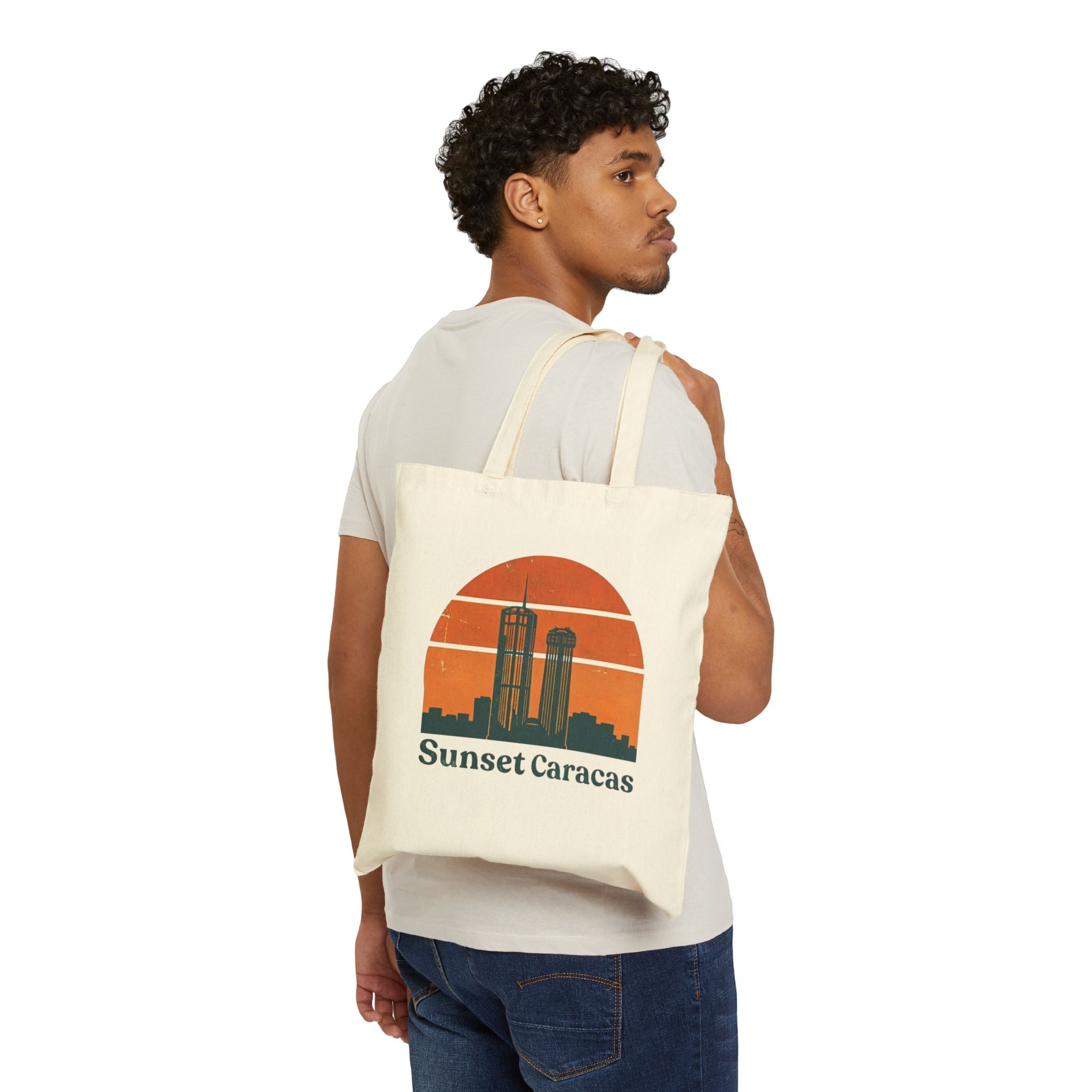 Sunset Caracas Canvas Tote — Retro Cityscape Cotton Shopper