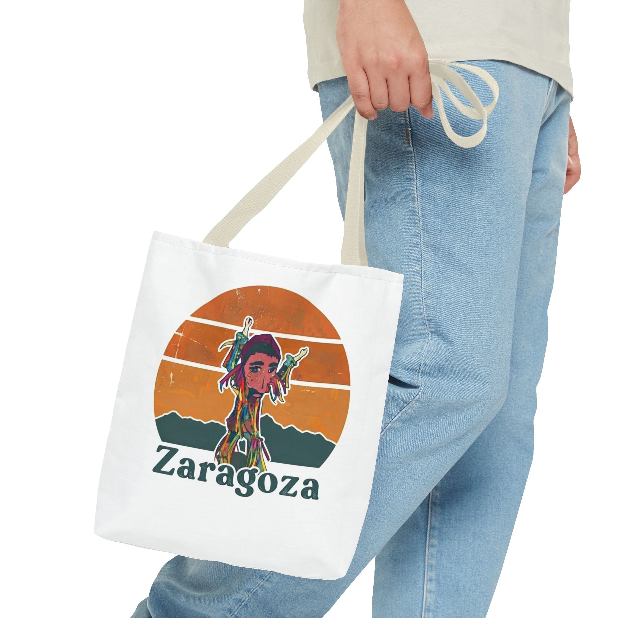 Zaragoza Sunset Art Tote Bag — Vintage Cityscape & Illustrated Figure All-Over Print